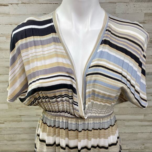 Hale Bob Silk Blend Faux Wrap Dress Womens Size S Tan Black Striped - Picture 2 of 13